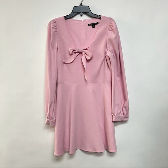 Black Halo Ellen Mini Dress Pink Bow Tie Puff Sleeve Preppy Coquette 8 $375 - Picture 4 of 12